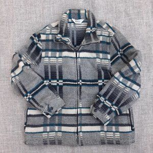 VINTAGE xl WOOLRICH Wool Coat Jacket Gray White Teal Plaid Unlined Zipper VTG